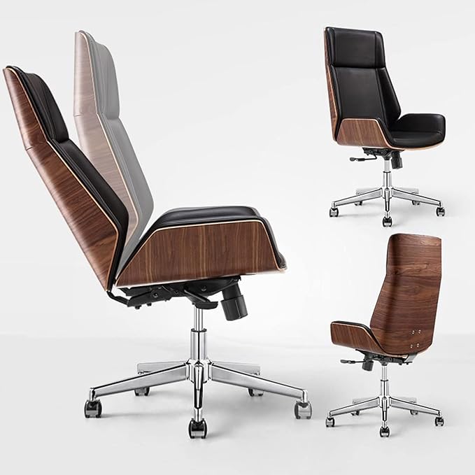Multifunctional Swivel Office Chair with High Back in Black Leather for Home and Office